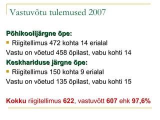 Vastuvõtu tulemused 2007 Põhikoolijärgne õpe: Riigitellimus 472 kohta 14 erialal Vastu on võetud 458 õpilast, vabu kohti 14 Keskhariduse järgne õpe: Riigitellimus 150 kohta 9 erialal Vastu on võetud 135 õpilast, vabu kohti 15  Kokku  riigitellimus  622 , vastuvõtt  607  ehk  97,6% 