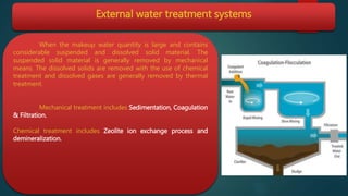 External water treatment systems
When the makeup water quantity is large and contains
considerable suspended and dissolved solid material. The
suspended solid material is generally removed by mechanical
means. The dissolved solids are removed with the use of chemical
treatment and dissolved gases are generally removed by thermal
treatment.
Mechanical treatment includes Sedimentation, Coagulation
& Filtration.
Chemical treatment includes Zeolite ion exchange process and
demineralization.
 