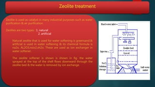 Zeolite treatment
Zeolite is used as catalyst in many industrial purposes such as water
purification & air purification.
Zeolites are two types : 1. natural
2. artificial
Natural zeolite that is used for water softening is greensand.&
artificial is used in water softening & its chemical formula is
na2o, AL2O3,nsio2,xh2o. These are used as ion exchanger in
water softener.
The zeolite softener is shown is shown in fig. the water
sprayed at the top of the shell flows downward through the
zeolite bed & the water is removed by ion exchange.
 