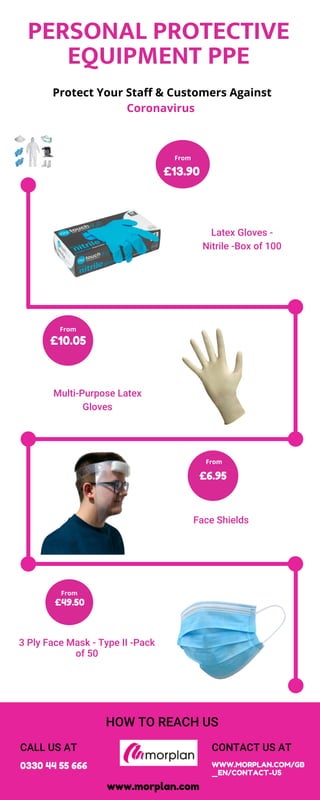 PERSONAL PROTECTIVE
EQUIPMENT PPE
Protect Your Staff & Customers Against
Coronavirus
HOW TO REACH US
Face Shields
£13.90
£10.05
£6.95
£49.50
3 Ply Face Mask - Type II -Pack
of 50
CALL US AT CONTACT US AT
0330 44 55 666 WWW.MORPLAN.COM/GB
_EN/CONTACT-US
www.morplan.com
Latex Gloves -
Nitrile -Box of 100
Multi-Purpose Latex
Gloves
From
From
From
From
 