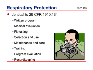 Respiratory Protection Identical to 29 CFR 1910.134 Written program Medical evaluation Fit testing Selection and use Maintenance and care Training Program evaluation Recordkeeping 1926.103 