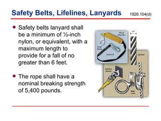 Safety Belts, Lifelines, Lanyards Safety belts lanyard shall be a minimum of ½-inch nylon, or equivalent, with a maximum length to provide for a fall of no greater than 6 feet.  The rope shall have a nominal breaking strength of 5,400 pounds. 1926.104(d) 