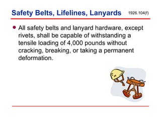 Safety Belts, Lifelines, Lanyards All safety belts and lanyard hardware, except rivets, shall be capable of withstanding a tensile loading of 4,000 pounds without cracking, breaking, or taking a permanent deformation. 1926.104(f) 