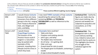 (i) As a director, discuss how you would use one of the production elements below to bring this extract to life for your audience.
You should make reference to the context in which the text was created and performed. Choose one of the following:
• costume
• staging
• props/stage furniture. (9 marks) These could be different (Lighting, Sound, Staging)
Extract is ACT
ONE
I would choose Costume
because there are many
characters from different
groups in the Act, ranging
from Tituba to Reverend
Hale, also Abigail and
John, and Betty.
I now need THREE examples of how costume
would bring the extract to life, each
containing DETAIL and TECHNICAL
VOCABULARY as well as reference to the
CONTEXT
Extract is ACT
TWO
I would choose
Props/Stage Furniture.
The location of the
Proctors house could if
staged in a naturalistic
way, be packed with
examples of this
element, revealing their
lifestyle and the times in
which they lived.
3 Examples here could be?
• Table and chairs
• Fireplace and cooking utensils
• John’s gun, and whip
• The Rabbit stew mentioned
• An oil lamp – it is getting dark
• Cider and cups
• A wash bowl for John to wash
• The Poppet given to Elizabeth, containing a
needle
• A rope to bind Elizabeth’s hands
Contextual link – Authority
figures are made clear by
their smart clothing, the
poorest and weakest are
subjected to prejudice and
accusations, as in the
1950s
Contextual link - The
protagonist John is shown
as an ordinary working
man, linked to nature and
the earth that he works on.
This highlights the theme
of a struggle of the
individual against the
system
 