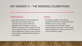 KEY MOMENT 5 – THE WEDDING CELEBRATIONS
PERFORMANCE
• Ganymede promises to reveal Rosalind to
Duke Senior and Orlando, both are
confused, she is earnest. Relief and
happiness at the revelations. Love and
affection in the eyes of the couples who will
marry. Jubilation and joy in the dancing and
choral celebrations, joining in song. Honesty
and friendship in Rosalind’s final address to
the audience
DESIGN
• Centrepiece upstage of the balcony
representing the forest, transformation into
HYMEN as an enormous puppet
manipulated by the performers, bright
coloured lighting and music in major chords
indicate happiness and harmony in the lives
of the characters on stage
 