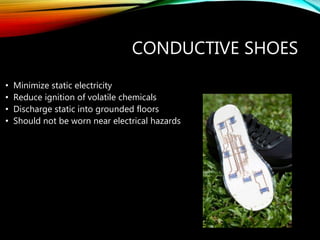 CONDUCTIVE SHOES
• Minimize static electricity
• Reduce ignition of volatile chemicals
• Discharge static into grounded floors
• Should not be worn near electrical hazards
 