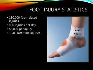 FOOT INJURY STATISTICS
• 180,000 foot-related
injuries
• 400 injuries per day
• $6,000 per injury
• 1,509 lost-time injuries
 