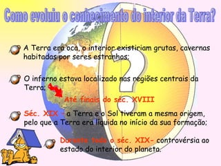 Como evoluiu o conhecimento do interior da Terra? A Terra era oca, o interior existiriam grutas, cavernas  habitadas por seres estranhos; O inferno estava localizado nas regiões centrais da Terra; Séc. XIX –  a Terra e o Sol tiveram a mesma origem, pelo que a Terra era líquida no início da sua formação; Até finais do séc. XVIII Durante todo o séc. XIX-  controvérsia ao  estado do interior do planeta. 