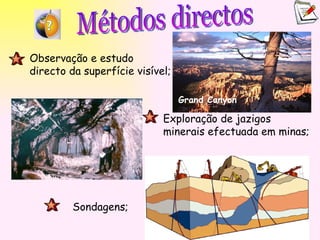 Métodos directos Observação e estudo  directo da superfície visível; Exploração de jazigos  minerais efectuada em minas; Sondagens; Grand Canyon 