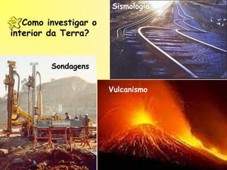 Como investigar o
interior da Terra?
Sismologia
Vulcanismo
Sondagens
 