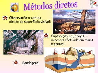 Observação e estudo
direto da superfície visível;
Exploração de jazigos
minerais efetuada em minas
e grutas;
Sondagens;
Grand Canyon
 