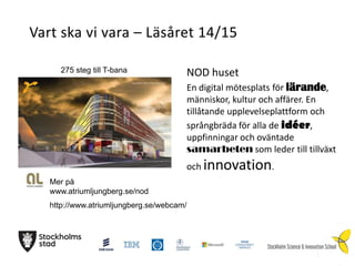 Vart ska vi vara – Läsåret 14/15
275 steg till T-bana

NOD huset
En digital mötesplats för lärande,
människor, kultur och affärer. En
tillåtande upplevelseplattform och
språngbräda för alla de idéer,
uppfinningar och oväntade
samarbeten som leder till tillväxt
och

Mer på
www.atriumljungberg.se/nod

http://www.atriumljungberg.se/webcam/

innovation.

 
