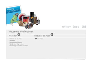 Bonding GEN
      SIN
OPLOS




 Industriële kleefmiddelen
 Producten                            Producten op maat
 ·  inten en lijm schuimen
   L                                  ·   converters
 · Dispensers
 · Industriële kleefmiddelen
 · Tijdelijk assemblage systeem
 · Bescherming voor het bouw verven
 