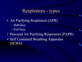 Respirators - types Air Purifying Respirators (APR) Half-face Full Face Powered Air Purifying Respirators (PAPR) Self Contained Breathing Apparatus (SCBA) 