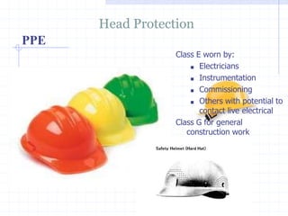 PPE
Head Protection
http://healthsafetyupdates.blogspot.in/
Class E worn by:
■ Electricians
■ Instrumentation
■ Commissioning
■ Others with potential to
contact live electrical
Class G for general
construction work
 