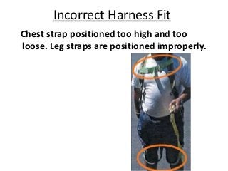 Incorrect Harness Fit
Chest strap positioned too high and too
loose. Leg straps are positioned improperly.
 