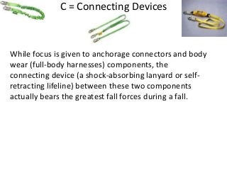 C = Connecting Devices
While focus is given to anchorage connectors and body
wear (full-body harnesses) components, the
connecting device (a shock-absorbing lanyard or self-
retracting lifeline) between these two components
actually bears the greatest fall forces during a fall.
 