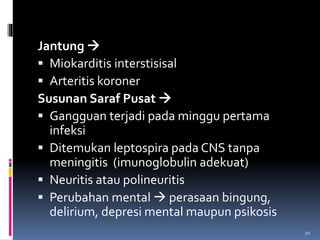 Jantung 
 Miokarditis interstisisal
 Arteritis koroner
Susunan Saraf Pusat 
 Gangguan terjadi pada minggu pertama
infeksi
 Ditemukan leptospira pada CNS tanpa
meningitis (imunoglobulin adekuat)
 Neuritis atau polineuritis
 Perubahan mental  perasaan bingung,
delirium, depresi mental maupun psikosis
20
 