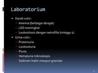 Laboratorium
 Darah rutin :
 Anemia (berbagai derajat)
 LED meningkat
 Leukositosis dengan netrofilia (minggu 1)
 Urine rutin :
 Proteinuria
 Leukosituria
 Piuria
 Hematuria mikroskopis
 Sedimen hialin maupun granular
30
 