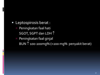  Leptospirosis berat :
 Peningkatan faal hati
SGOT, SGPT dan LDH 
 Peningkatan faal ginjal
BUN  100-200mg% (>200 mg% penyakit berat)
31
 
