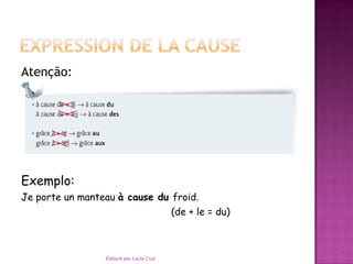 Atenção:
Exemplo:
Je porte un manteau à cause du froid.
(de + le = du)
Élaboré par Lúcia Cruz