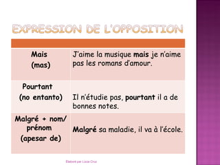 Mais            J’aime la musique mais je n’aime
    (mas)           pas les romans d’amour.


  Pourtant
 (no entanto)       Il n’étudie pas, pourtant il a de
                    bonnes notes.
Malgré + nom/
   prénom     Malgré sa maladie, il va à l’école.
 (apesar de)

                Élaboré par Lúcia Cruz
 