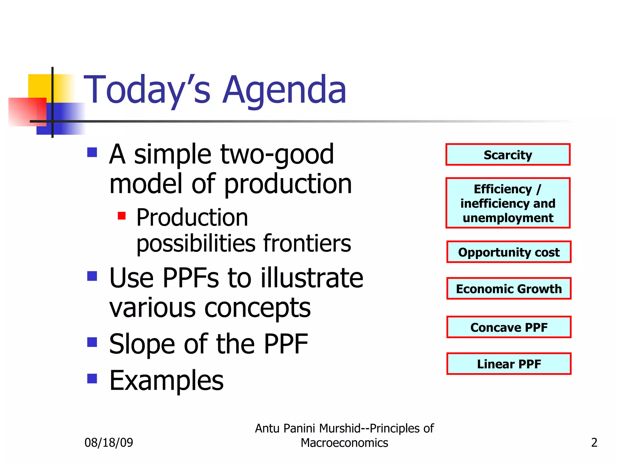 Today’s Agenda A simple two-good model of production Production possibilities frontiers Use PPFs to illustrate various concepts Slope of the PPF Examples 08/18/09 Antu Panini Murshid--Principles of Macroeconomics Scarcity Efficiency / inefficiency and unemployment Opportunity cost Economic Growth Concave PPF Linear PPF 