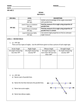 NAME: _______________________                                              PERIOD:________
DATE: ________________________
PPF 401-1
                                                     PPF401
                                                   Skill Sheet 1

   CRS SKILL                    LEVEL                                        DESCRIPTION
                               Level 1                   Exhibit some knowledge of the angles associated
                               PPF 301                   with parallel lines
                      Level 2 Focus in Isolation         Find the measure of an angle using properties of
                               PPF 401                   parallel lines
    PPF 401
                       Level 3 Focus in Context          Find the measure of an angle using properties of
                               PPF 401                   parallel lines in context
                        Level 4 Extension Skills         Use several angle properties to find an unknown
                                PPF 501                  angle measure

LEVEL 1 – REVIEW SKILLS

   1. L1 – PPF 301
      There are four types of angles. Use the definitions given to draw a picture of each angle type.

      Acute Angle               Right Angle                  Obtuse Angle             Straight Angle
  An angle measuring        An angle measuring            An angle measuring        An angle measuring
     less than 90º              exactly 90º              more than 90º but less        exactly 180º
                                                               than 180º




   2. L1 – PPF 301
      a) Name a pair of parallel lines.


       b) Name the line that intersects the parallel lines.


       c) Name two acute angles.


       d) Name two obtuse angles.
 