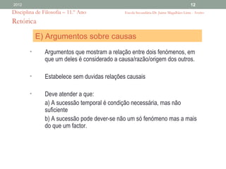 2012                                                                                    12
Disciplina de Filosofia – 11.º Ano            Escola Secundária Dr. Jaime Magalhães Lima - Aveiro

Retórica

            E) Argumentos sobre causas
        •      Argumentos que mostram a relação entre dois fenómenos, em
               que um deles é considerado a causa/razão/origem dos outros.

        •      Estabelece sem duvidas relações causais

        •      Deve atender a que:
               a) A sucessão temporal é condição necessária, mas não
               suficiente
               b) A sucessão pode dever-se não um só fenómeno mas a mais
               do que um factor.
 