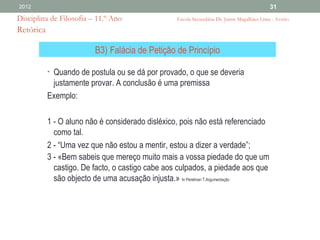 2012                                                                                        31
Disciplina de Filosofia – 11.º Ano                Escola Secundária Dr. Jaime Magalhães Lima - Aveiro

Retórica

                         B3) Falácia de Petição de Princípio

           • Quando de postula ou se dá por provado, o que se deveria
            justamente provar. A conclusão é uma premissa
           Exemplo:

           1 - O aluno não é considerado disléxico, pois não está referenciado
             como tal.
           2 - “Uma vez que não estou a mentir, estou a dizer a verdade”;
           3 - «Bem sabeis que mereço muito mais a vossa piedade do que um
             castigo. De facto, o castigo cabe aos culpados, a piedade aos que
             são objecto de uma acusação injusta.» In Perelman T.Argumentação
 