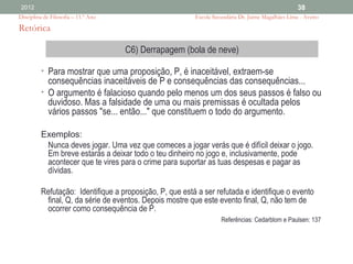 2012                                                                                              38
Disciplina de Filosofia – 11.º Ano                       Escola Secundária Dr. Jaime Magalhães Lima - Aveiro

Retórica

                                     C6) Derrapagem (bola de neve)

         • Para mostrar que uma proposição, P, é inaceitável, extraem-se
           consequências inaceitáveis de P e consequências das consequências...
         • O argumento é falacioso quando pelo menos um dos seus passos é falso ou
           duvidoso. Mas a falsidade de uma ou mais premissas é ocultada pelos
           vários passos "se... então..." que constituem o todo do argumento.

         Exemplos:
          Nunca deves jogar. Uma vez que comeces a jogar verás que é difícil deixar o jogo.
          Em breve estarás a deixar todo o teu dinheiro no jogo e, inclusivamente, pode
          acontecer que te vires para o crime para suportar as tuas despesas e pagar as
          dívidas.

         Refutação: Identifique a proposição, P, que está a ser refutada e identifique o evento
          final, Q, da série de eventos. Depois mostre que este evento final, Q, não tem de
          ocorrer como consequência de P.
                                                                   Referências: Cedarblom e Paulsen: 137
 