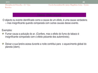 2012                                                                                       43
   Disciplina de Filosofia – 11.º Ano              Escola Secundária Dr. Jaime Magalhães Lima - Aveiro
   Retórica



                                        Falácia - Efeito conjunto
O objecto ou evento identificado como a causa de um efeito, é uma causa verdadeira
  – mas insignificante quando comparada com outras causas desse evento.

Exemplos:
   Fumar causa a poluição do ar. (Confere, mas o efeito do fumo do tabaco é
   insignificante comparado com o efeito poluente dos automóveis);

   Deixar a sua lareira acesa durante a noite contribui para o aquecimento global do
   planeta (idem).
 
