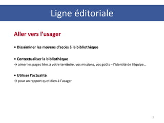 Ligne éditoriale
12
Aller vers l’usager
• Disséminer les moyens d’accès à la bibliothèque
• Contextualiser la bibliothèque
→ aimer les pages liées à votre territoire, vos missions, vos goûts – l’identité de l’équipe…
• Utiliser l’actualité
→ pour un rapport quotidien à l’usager
 