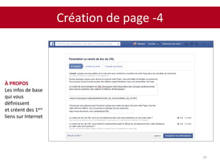 Création de page -4
37
À PROPOS
Les infos de base
qui vous
définissent
et créent des 1ers
liens sur Internet
 
