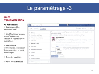 46
RÔLES
D’ADMINISTRATION
• 5 habilitations
→ Gestion des rôles
d’administration
→ Modification de la page,
ajout d’applications,
création et suppression de
publications
→ Réaction aux
commentaires, suppression
de commentaires et envoi
de messages
→ Créer des publicités
→ Accès aux statistiques
Le paramétrage -3
 