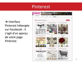 → interface
Pinterest hébergée
sur Facebook : il
s'agit d'un aperçu
de votre page
Pinterest
88
Pinterest
 