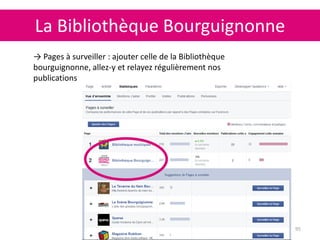 La Bibliothèque Bourguignonne
95
→ Pages à surveiller : ajouter celle de la Bibliothèque
bourguignonne, allez-y et relayez régulièrement nos
publications
 
