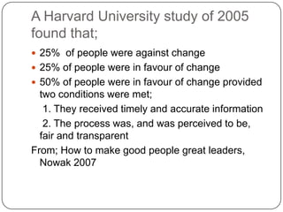 A Harvard University study of 2005 found that;25%  of people were against change25% of people were in favour of change50% of people were in favour of change provided two conditions were met;    1. They received timely and accurate information    2. The process was, and was perceived to be, fair and transparentFrom; How to make good people great leaders, Nowak 2007
