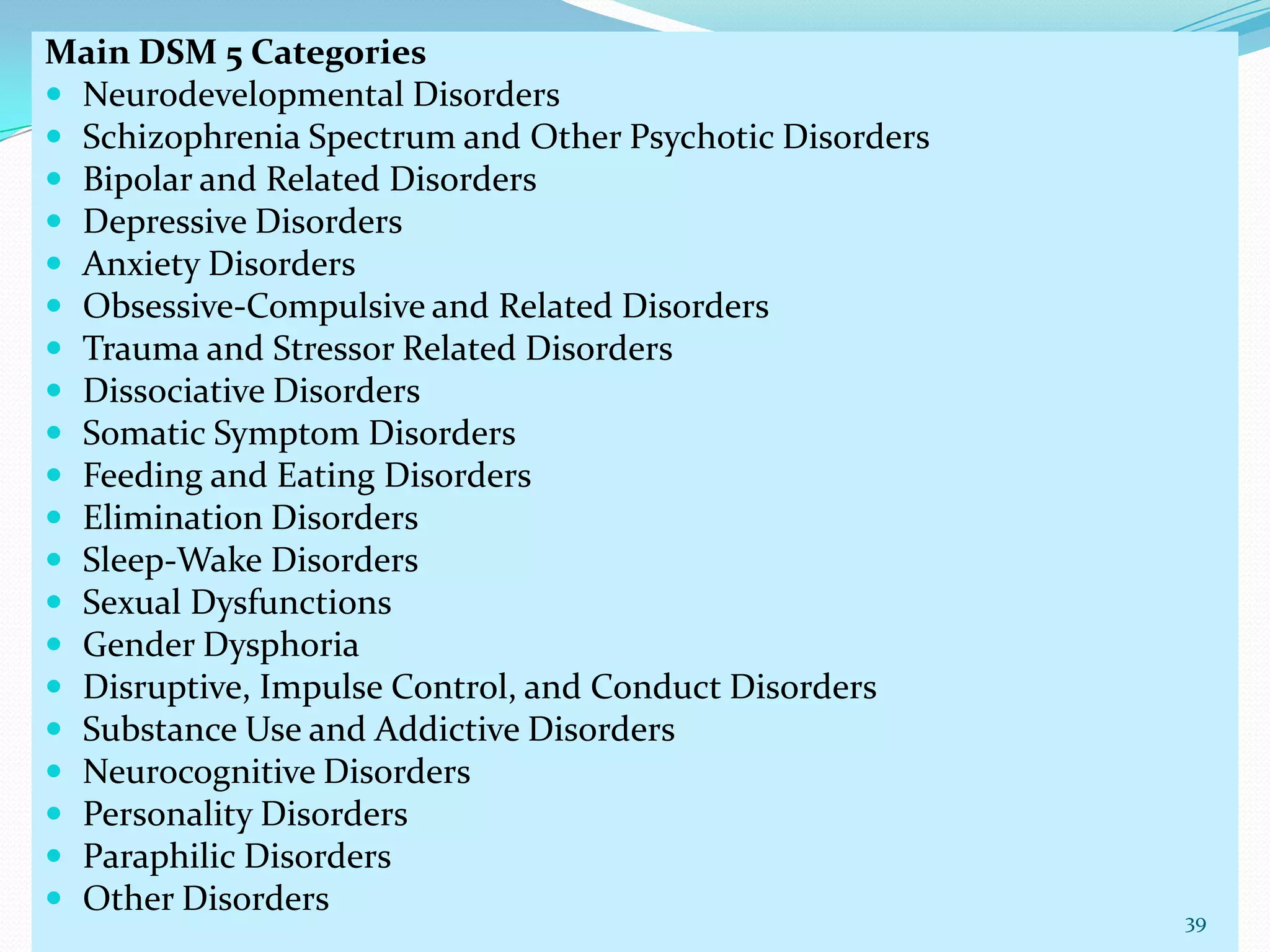 Main DSM 5 Categories
 Neurodevelopmental Disorders
 Schizophrenia Spectrum and Other Psychotic Disorders
 Bipolar and Related Disorders
 Depressive Disorders
 Anxiety Disorders
 Obsessive-Compulsive and Related Disorders
 Trauma and Stressor Related Disorders
 Dissociative Disorders
 Somatic Symptom Disorders
 Feeding and Eating Disorders
 Elimination Disorders
 Sleep-Wake Disorders
 Sexual Dysfunctions
 Gender Dysphoria
 Disruptive, Impulse Control, and Conduct Disorders
 Substance Use and Addictive Disorders
 Neurocognitive Disorders
 Personality Disorders
 Paraphilic Disorders
 Other Disorders
39
 
