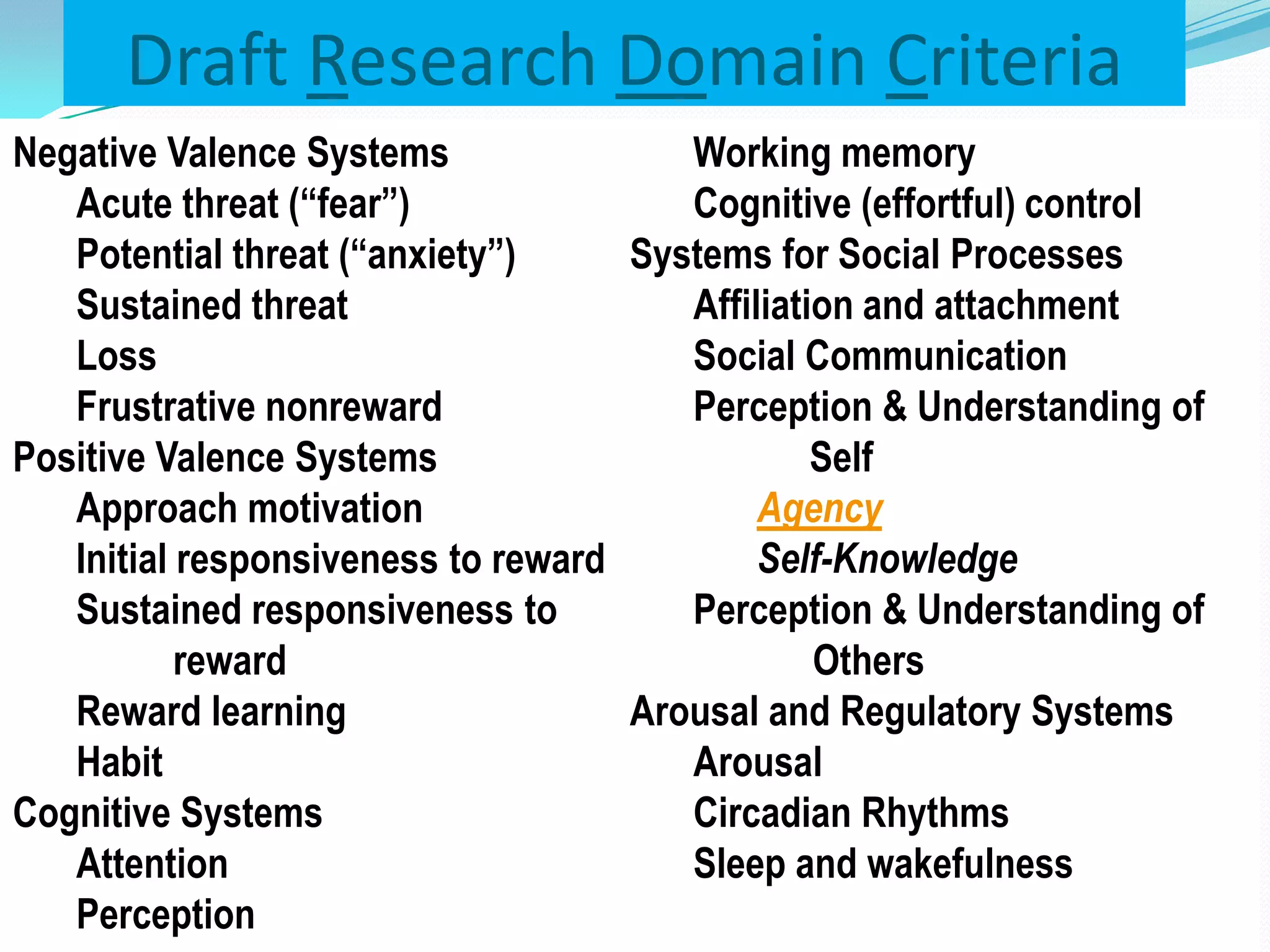Draft Research Domain Criteria
Negative Valence Systems
Acute threat (“fear”)
Potential threat (“anxiety”)
Sustained threat
Loss
Frustrative nonreward
Positive Valence Systems
Approach motivation
Initial responsiveness to reward
Sustained responsiveness to
reward
Reward learning
Habit
Cognitive Systems
Attention
Perception
Working memory
Cognitive (effortful) control
Systems for Social Processes
Affiliation and attachment
Social Communication
Perception & Understanding of
Self
Agency
Self-Knowledge
Perception & Understanding of
Others
Arousal and Regulatory Systems
Arousal
Circadian Rhythms
Sleep and wakefulness
 