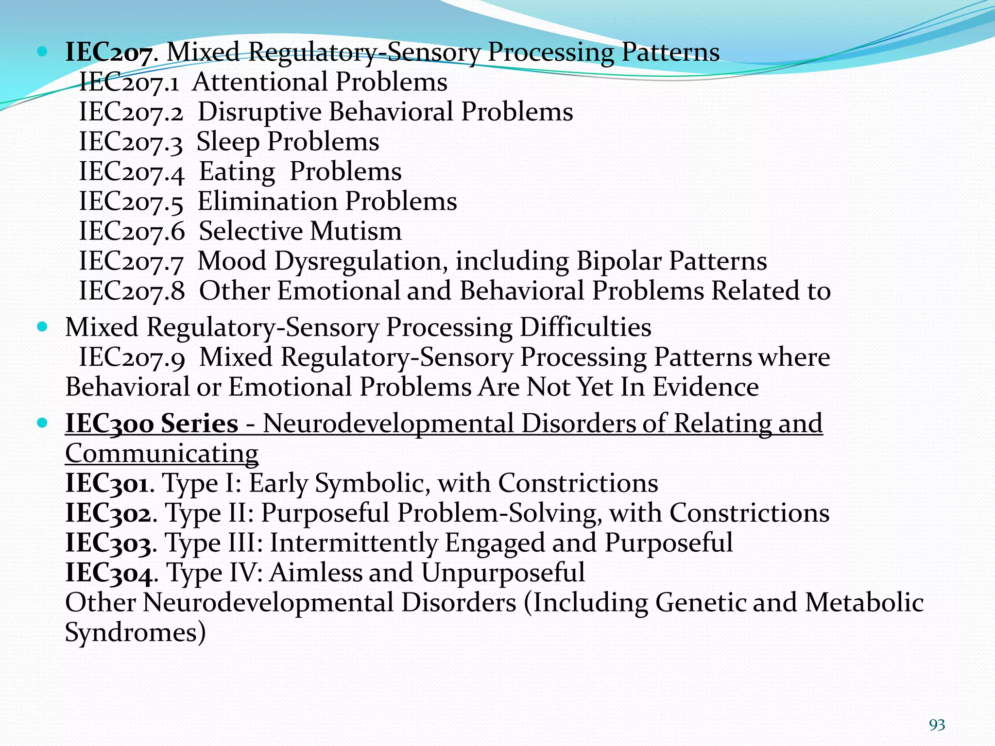  IEC207. Mixed Regulatory-Sensory Processing Patterns
IEC207.1 Attentional Problems
IEC207.2 Disruptive Behavioral Problems
IEC207.3 Sleep Problems
IEC207.4 Eating Problems
IEC207.5 Elimination Problems
IEC207.6 Selective Mutism
IEC207.7 Mood Dysregulation, including Bipolar Patterns
IEC207.8 Other Emotional and Behavioral Problems Related to
 Mixed Regulatory-Sensory Processing Difficulties
IEC207.9 Mixed Regulatory-Sensory Processing Patterns where
Behavioral or Emotional Problems Are Not Yet In Evidence
 IEC300 Series - Neurodevelopmental Disorders of Relating and
Communicating
IEC301. Type I: Early Symbolic, with Constrictions
IEC302. Type II: Purposeful Problem-Solving, with Constrictions
IEC303. Type III: Intermittently Engaged and Purposeful
IEC304. Type IV: Aimless and Unpurposeful
Other Neurodevelopmental Disorders (Including Genetic and Metabolic
Syndromes)
93
 