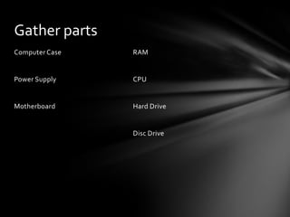 Gather parts
Computer Case   RAM


Power Supply    CPU


Motherboard     Hard Drive


                Disc Drive
 