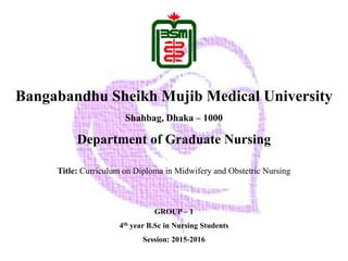 Bangabandhu Sheikh Mujib Medical University
Shahbag, Dhaka – 1000
Department of Graduate Nursing
Title: Curriculum on Diploma in Midwifery and Obstetric Nursing
GROUP – 1
4th year B.Sc in Nursing Students
Session: 2015-2016
 