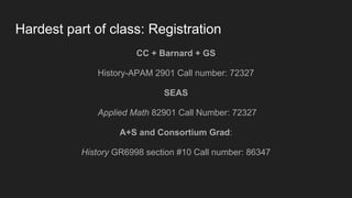 Hardest part of class: Registration
CC + Barnard + GS
History-APAM 2901 Call number: 72327
SEAS
Applied Math 82901 Call Number: 72327
A+S and Consortium Grad:
History GR6998 section #10 Call number: 86347
 