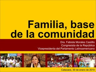 Familia, base de la comunidad Dra. Fabiola Morales Castillo Congresista de la República Vicepresidenta del Parlamento Latinoamericano Catacaos, 30 de enero de 2010 