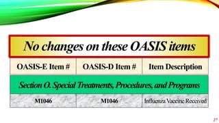 Nochanges on theseOASISitems
27
OASIS-E Item # OASIS-D Item # Item Description
M1046 M1046 InfluenzaVaccineReceived
Sectio...