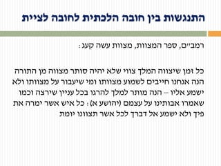 ‫לציית‬ ‫לחובה‬ ‫הלכתית‬ ‫חובה‬ ‫בין‬ ‫התנגשות‬
‫רמב‬"‫ם‬,‫המצוות‬ ‫ספר‬,‫עשה‬ ‫מצוות‬‫קעג‬:
‫התורה‬ ‫מן‬ ‫מצווה‬ ‫סותר‬ ‫יהיה‬ ‫שלא‬ ‫צווי‬ ‫המלך‬ ‫שיצווה‬ ‫זמן‬ ‫כל‬
‫ולא‬ ‫מצוותו‬ ‫על‬ ‫שיעבור‬ ‫ומי‬ ‫מצוותו‬ ‫לשמוע‬ ‫חייבים‬ ‫אנחנו‬ ‫הנה‬
‫אליו‬ ‫ישמע‬–‫וכמו‬ ‫שירצה‬ ‫עניין‬ ‫בכל‬ ‫להרגו‬ ‫למלך‬ ‫מותר‬ ‫הנה‬
‫עצמם‬ ‫על‬ ‫אבותינו‬ ‫שאמרו‬(‫א‬ ‫יהושע‬:)‫את‬ ‫ימרה‬ ‫אשר‬ ‫איש‬ ‫כל‬
‫יומת‬ ‫תצוונו‬ ‫אשר‬ ‫לכל‬ ‫דברך‬ ‫אל‬ ‫ישמע‬ ‫ולא‬ ‫פיך‬
 
