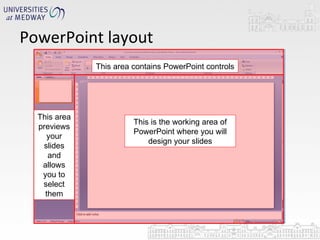 PowerPoint layout This is the working area of PowerPoint where you will design your slides This area contains PowerPoint controls This area previews your slides and allows you to select them 