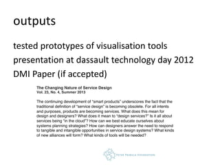 outputs
tested prototypes of visualisation tools
presentation at dassault technology day 2012
DMI Paper (if accepted)
 