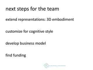 next steps for the team
extend representations: 3D embodiment

customize for cognitive style

develop business model

find funding
 